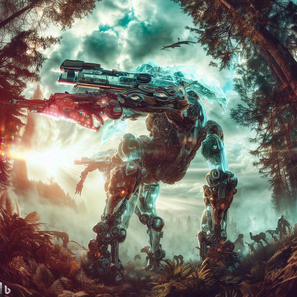 future mech dinosaur with guns fighting in tall forest, wildlife in foreground, surreal clouds, lens flare, fish-eye lens, glass body, realistic h.r. giger style 1.jpg